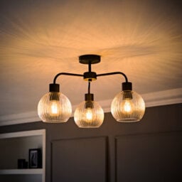 Valuelights Maddison Clear Ribbed Glass Globe Matte Black 3 Arm Ceiling Light & Filament Bulbs - thumbnail 1