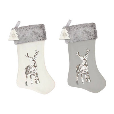 Set Of 2 Sequin Reindeer Faux Fur Stockings - image 1