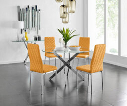Furniturebox Novara Clear Tempered Glass 120Cm Round Dining Table With Chrome Starburst Legs & 4 Mustard Milan Faux Leather Chairs
