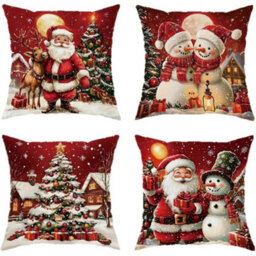 CLEFFNS 4Pcs Christmas Pillow Covers, Santa Claus, Reindeer, Christmas Tree, Snowman Pattern Printed Pillow Covers For Family, Zipper - thumbnail 1