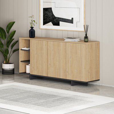 Decortie Sideboard Cabinet 170X80Cm 3-Doors Push-To-Open Storage Console 3 Open Compartments For Living Room Oak, Silky Grey Black - image 1