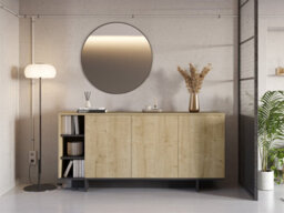 Decortie Sideboard Cabinet 170X80Cm 3-Doors Push-To-Open Storage Console 3 Open Compartments For Living Room Oak, Silky Grey Black - thumbnail 7