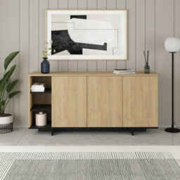 Decortie Sideboard Cabinet 170X80Cm 3-Doors Push-To-Open Storage Console 3 Open Compartments For Living Room Oak, Silky Grey Black - thumbnail 8