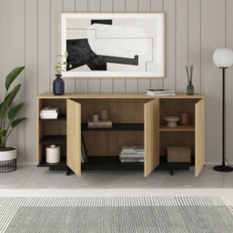Decortie Sideboard Cabinet 170X80Cm 3-Doors Push-To-Open Storage Console 3 Open Compartments For Living Room Oak, Silky Grey Black - thumbnail 5