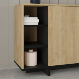Decortie Sideboard Cabinet 170X80Cm 3-Doors Push-To-Open Storage Console 3 Open Compartments For Living Room Oak, Silky Grey Black - thumbnail 4