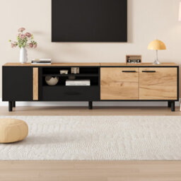 Btm 180 Cm Tv Stand  Oak And Black Media Unit With Drawer And Cabinets, Industrial Low Storage Cabinet For Living Room - thumbnail 2