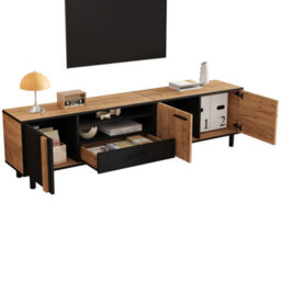 Btm 180 Cm Tv Stand  Oak And Black Media Unit With Drawer And Cabinets, Industrial Low Storage Cabinet For Living Room - thumbnail 7