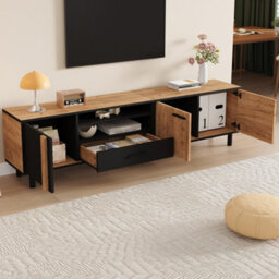 Btm 180 Cm Tv Stand  Oak And Black Media Unit With Drawer And Cabinets, Industrial Low Storage Cabinet For Living Room - thumbnail 1