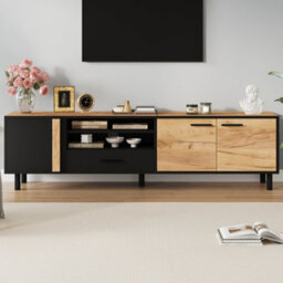 Btm 180 Cm Tv Stand  Oak And Black Media Unit With Drawer And Cabinets, Industrial Low Storage Cabinet For Living Room - thumbnail 5
