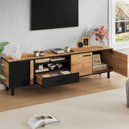 Btm 180 Cm Tv Stand  Oak And Black Media Unit With Drawer And Cabinets, Industrial Low Storage Cabinet For Living Room - thumbnail 4