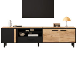 Btm 180 Cm Tv Stand  Oak And Black Media Unit With Drawer And Cabinets, Industrial Low Storage Cabinet For Living Room - thumbnail 8