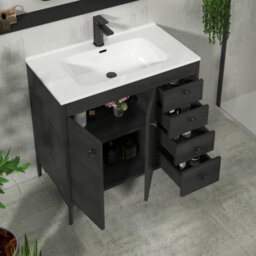 Royal Bathrooms Verona 800mm Black Woodgrain Floor Standing Bathroom Vanity Unit 2 Door, 4 Drawer Cabinet With Ceramic Basin & Matt Black Knob - thumbnail 6