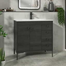 Royal Bathrooms Verona 800mm Black Woodgrain Floor Standing Bathroom Vanity Unit 2 Door, 4 Drawer Cabinet With Ceramic Basin & Matt Black Knob