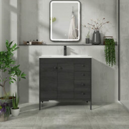 Royal Bathrooms Verona 800mm Black Woodgrain Floor Standing Bathroom Vanity Unit 2 Door, 4 Drawer Cabinet With Ceramic Basin & Matt Black Knob - thumbnail 4