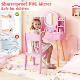 Costway Kids Vanity Set  Princess Vanity Desk Set W/ Led Lighted Mirror-Pink - thumbnail 9