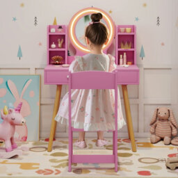 Costway Kids Vanity Set  Princess Vanity Desk Set W/ Led Lighted Mirror-Pink - thumbnail 8