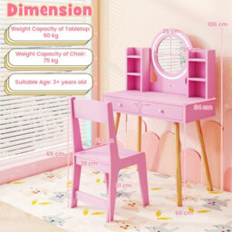 Costway Kids Vanity Set  Princess Vanity Desk Set W/ Led Lighted Mirror-Pink - thumbnail 2