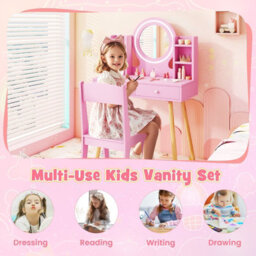 Costway Kids Vanity Set  Princess Vanity Desk Set W/ Led Lighted Mirror-Pink - thumbnail 5