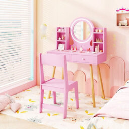 Costway Kids Vanity Set  Princess Vanity Desk Set W/ Led Lighted Mirror-Pink - thumbnail 3