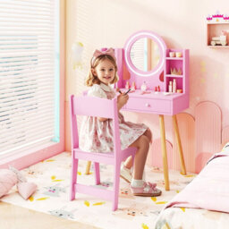Costway Kids Vanity Set  Princess Vanity Desk Set W/ Led Lighted Mirror-Pink - thumbnail 4