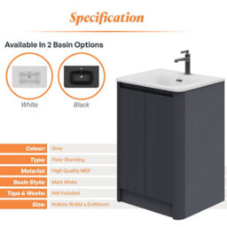 Plum&clay Isla Ribbed Fluted Grey Freestanding Bathroom Vanity Unit & White Basin Set (W)600mm - thumbnail 5