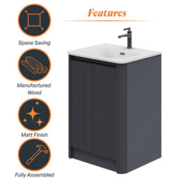 Plum&clay Isla Ribbed Fluted Grey Freestanding Bathroom Vanity Unit & White Basin Set (W)600mm - thumbnail 6