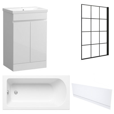 FNX Bathrooms Waterproof 600mm Vanity Unit With Single Ended Bath, Gloss White Front Panel & Matt Black Grid Bath Screen - image 1