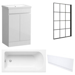 FNX Bathrooms Waterproof 600mm Vanity Unit With Single Ended Bath, Gloss White Front Panel & Matt Black Grid Bath Screen