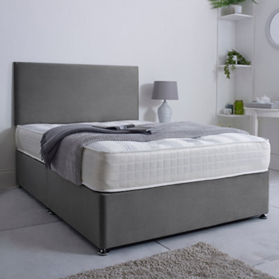 Bsspoke Ivy Divan Bed Set In Grey Plush Velvet With 24Inch Headboard & 2 Drawers Same Side & Mattress In All Sizes