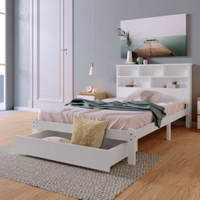 Bed With Shelves White Wooden Storage Bed Underbed Drawer 3Ft Single 90 X 190 Cm Frame Only - image 1