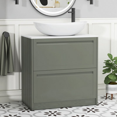 Royal Bathrooms Royal Bathroom Elmore 800mm Matt Green Freestanding Bathroom Vanity Unit 2 Drawer Plain White Worktop With Cesar Basin - image 1