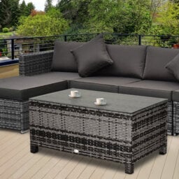 Outsunny Garden Rattan Side Table,wicker Coffee Desk, Glass Top, Mixed Grey - thumbnail 1