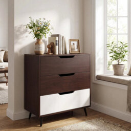 Modern 3-Drawer Dresser Wooden Nightstand With Metal Legs And Cut-Out Handles - thumbnail 3