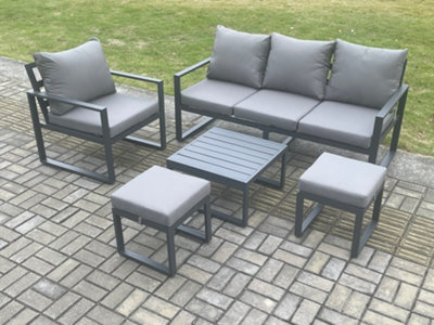 Fimous Aluminium Outdoor Garden Furniture Set Lounge Sofa Chair Square Coffee Table Sets With 2 Small Footstools Dark Grey - image 1