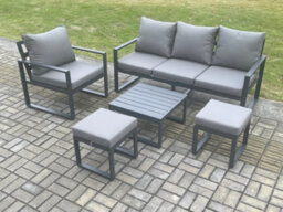 Fimous Aluminium Outdoor Garden Furniture Set Lounge Sofa Chair Square Coffee Table Sets With 2 Small Footstools Dark Grey - thumbnail 1