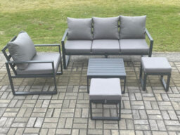 Fimous Aluminium Outdoor Garden Furniture Set Lounge Sofa Chair Square Coffee Table Sets With 2 Small Footstools Dark Grey - thumbnail 2
