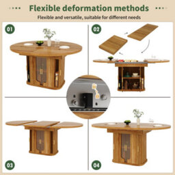 Abrihome Extendable Round To Oval Dining Table 118-158 Cm Convertible Kitchen Table  Seats 4-6  Walnut Finish With Glass Door Sideboard - thumbnail 5