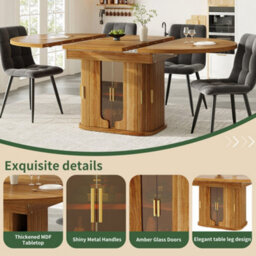 Abrihome Extendable Round To Oval Dining Table 118-158 Cm Convertible Kitchen Table  Seats 4-6  Walnut Finish With Glass Door Sideboard - thumbnail 3