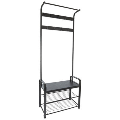 Harbour Housewares Coat Rack With Shoe Storage Bench - Curved Steel Frame - Black Hall Tree Coat Stand With 9 Hooks & Shoe Shelf - image 1