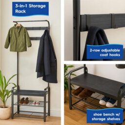 Harbour Housewares Coat Rack With Shoe Storage Bench - Curved Steel Frame - Black Hall Tree Coat Stand With 9 Hooks & Shoe Shelf - thumbnail 2