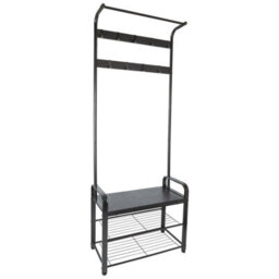 Harbour Housewares Coat Rack With Shoe Storage Bench - Curved Steel Frame - Black Hall Tree Coat Stand With 9 Hooks & Shoe Shelf