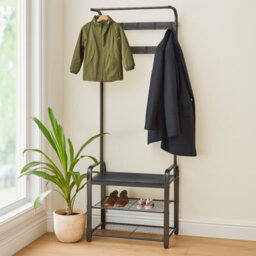Harbour Housewares Coat Rack With Shoe Storage Bench - Curved Steel Frame - Black Hall Tree Coat Stand With 9 Hooks & Shoe Shelf - thumbnail 5