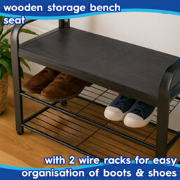 Harbour Housewares Coat Rack With Shoe Storage Bench - Curved Steel Frame - Black Hall Tree Coat Stand With 9 Hooks & Shoe Shelf - thumbnail 4