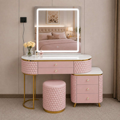 Sliding Wardrobes 4 u LTD Modern Dressing Table Vanity With Led Mirror, 5 Drawers, Stool & Storage Cabinet - Pink 130Cm - image 1