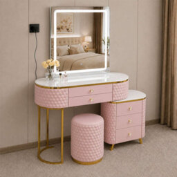 Sliding Wardrobes 4 u LTD Modern Dressing Table Vanity With Led Mirror, 5 Drawers, Stool & Storage Cabinet - Pink 130Cm - thumbnail 3