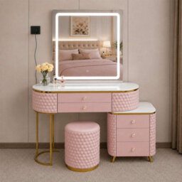 Sliding Wardrobes 4 u LTD Modern Dressing Table Vanity With Led Mirror, 5 Drawers, Stool & Storage Cabinet - Pink 130Cm