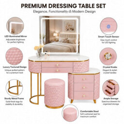 Sliding Wardrobes 4 u LTD Modern Dressing Table Vanity With Led Mirror, 5 Drawers, Stool & Storage Cabinet - Pink 130Cm - thumbnail 4