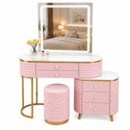 Sliding Wardrobes 4 u LTD Modern Dressing Table Vanity With Led Mirror, 5 Drawers, Stool & Storage Cabinet - Pink 130Cm - thumbnail 2