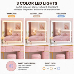 Sliding Wardrobes 4 u LTD Modern Dressing Table Vanity With Led Mirror, 5 Drawers, Stool & Storage Cabinet - Pink 130Cm - thumbnail 5