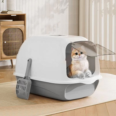 Thehotsale Large Grey Detachable Enclosed 180 Degree Flip-Top Cat Litter Box With Scoop 35Cm W X 50 Cm D X 35 Cm H - image 1